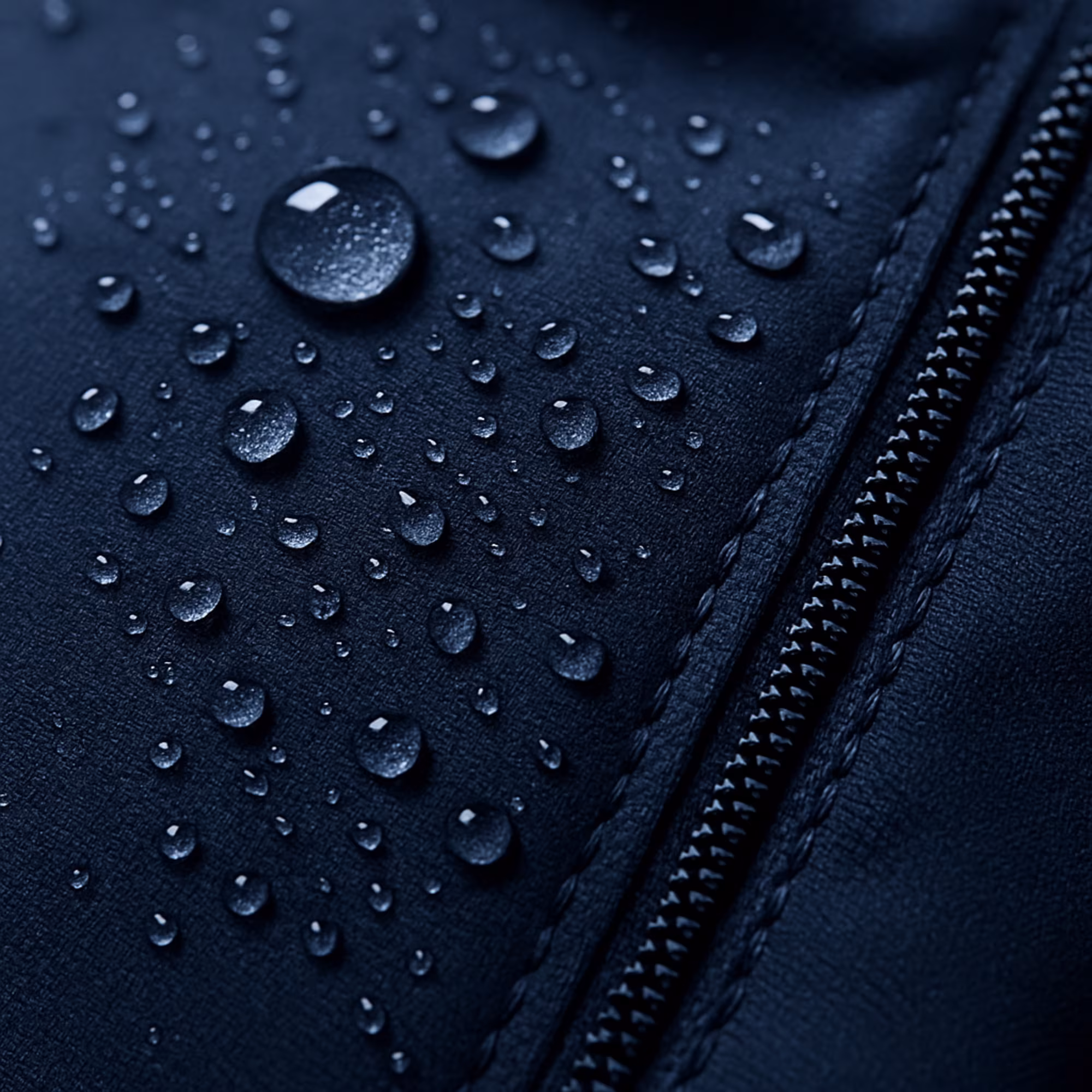 Abperlende Wassertropfen auf dem wasserdichten Material einer Winterjacke für Kinder.